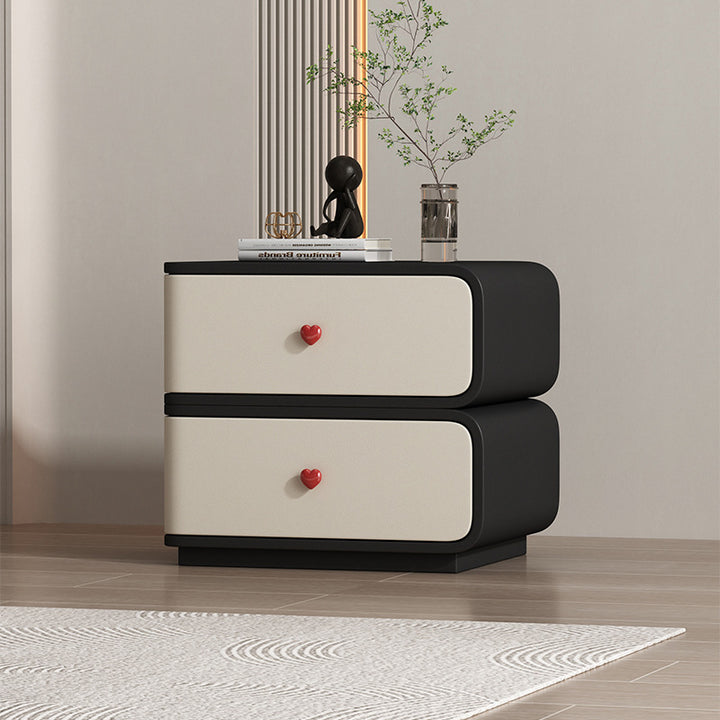 Table de nuit rectangulaire courbée en cuir synthétique créatif contemporain, bois massif et métal, 2 tiroirs pour chambre 