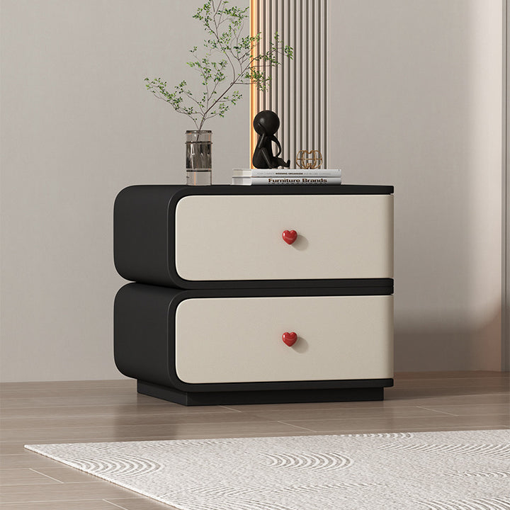 Table de nuit rectangulaire courbée en cuir synthétique créatif contemporain, bois massif et métal, 2 tiroirs pour chambre 