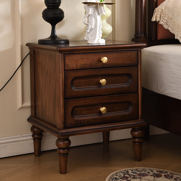 Table de chevet traditionnelle vintage en bois massif et métal avec tiroirs 1/2/3 pour rangement de chambre 