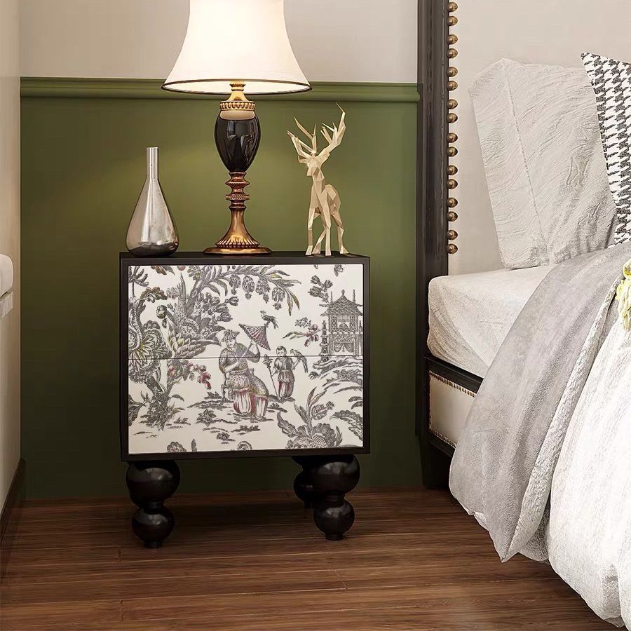 Mesita de noche cuadrada redondeada de madera maciza francesa tradicional con 2 cajones para dormitorio 