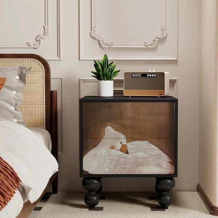 Mesita de noche cuadrada redondeada de madera maciza francesa tradicional con 2 cajones para dormitorio 