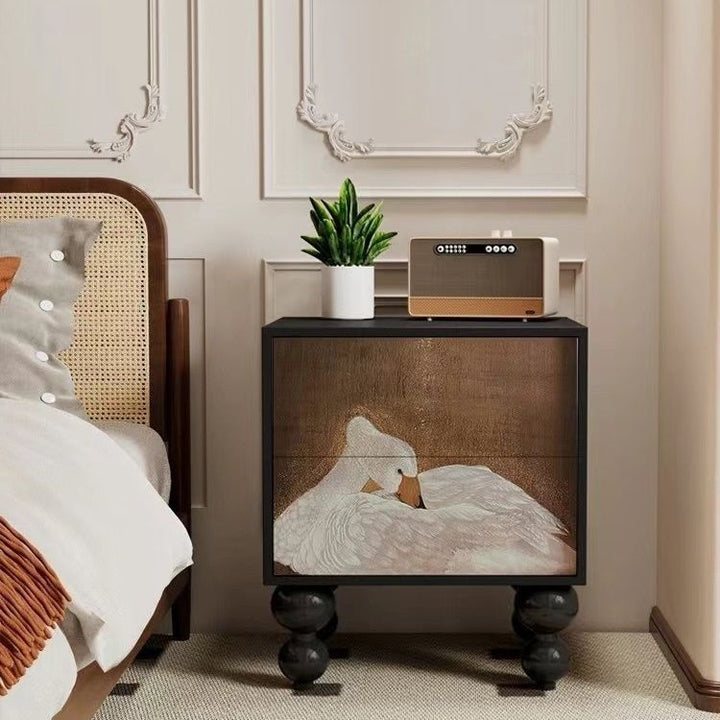 Mesita de noche cuadrada redondeada de madera maciza francesa tradicional con 2 cajones para dormitorio 
