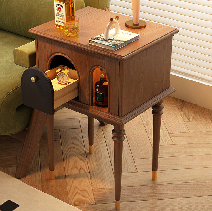 Traditional French Solid Wood Rounded Square Cylindrical Side Table 1-Tier Living Room