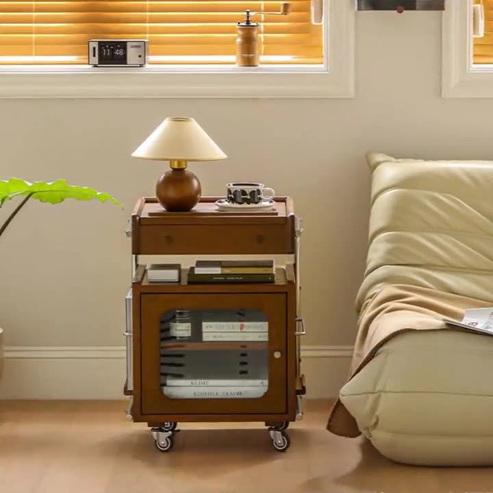 Table de nuit mobile en forme de robot en bois chinois traditionnel, verre, acier inoxydable à 2 niveaux pour chambre et salon 