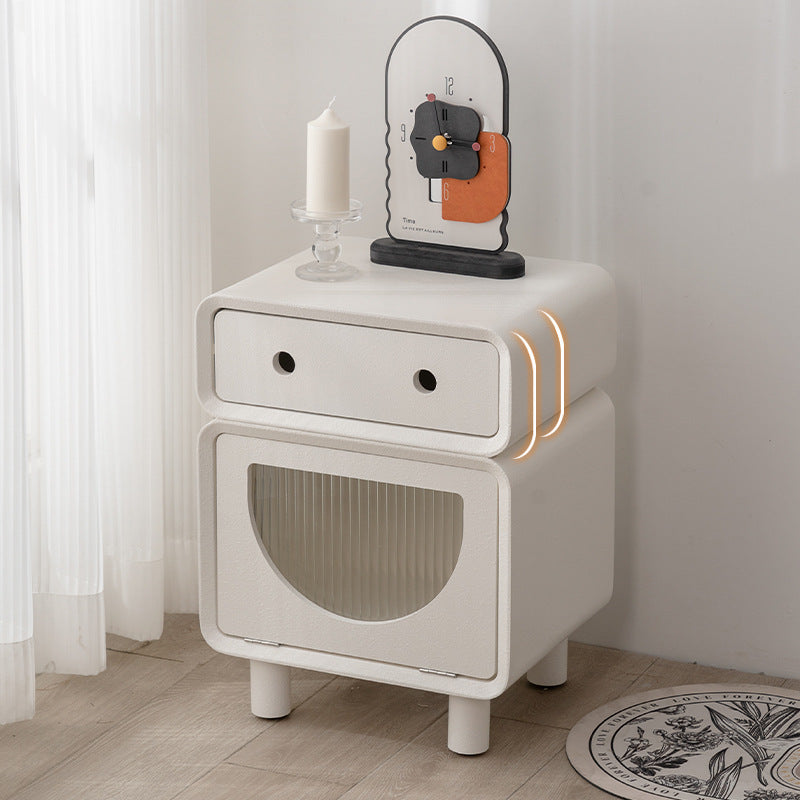 Table de nuit carrée arrondie en fibre de bois à densité moyenne de forme robot contemporaine avec 2 tiroirs pour la chambre 