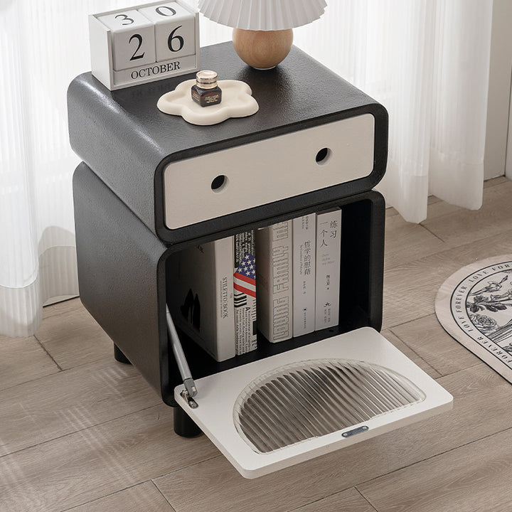Table de nuit carrée arrondie en fibre de bois à densité moyenne de forme robot contemporaine avec 2 tiroirs pour la chambre 