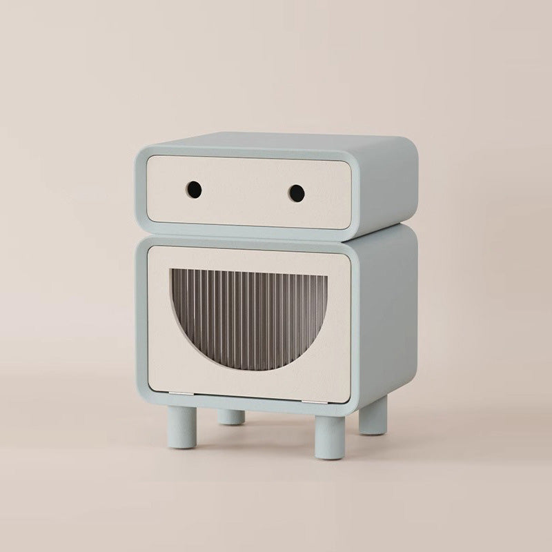 Table de nuit carrée arrondie en fibre de bois à densité moyenne de forme robot contemporaine avec 2 tiroirs pour la chambre 