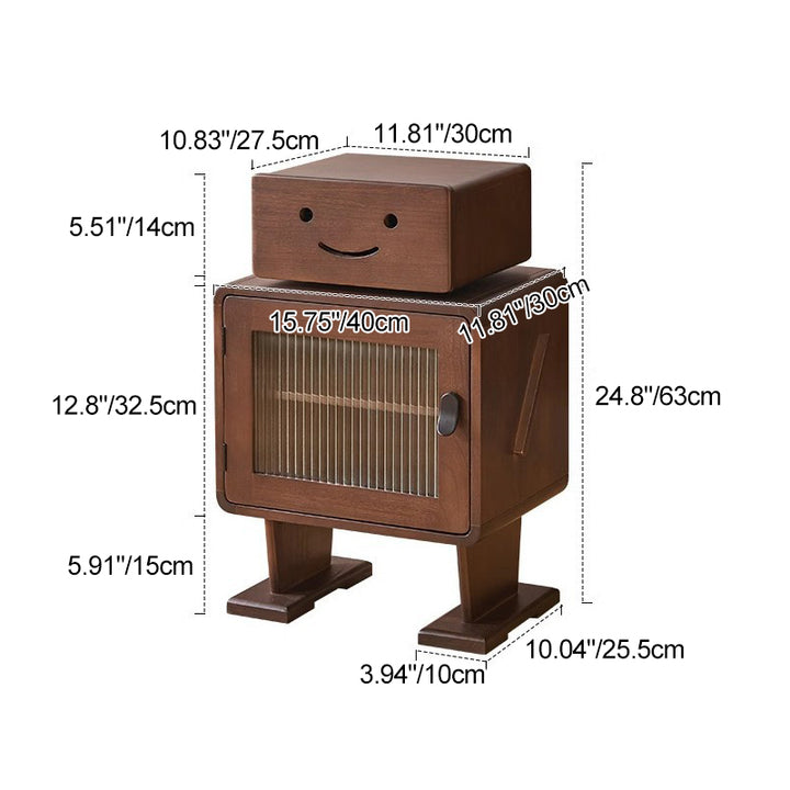Table de chevet contemporaine en bois massif avec verre arrondi en forme de robot avec 2 rangements pour chambre et salon 