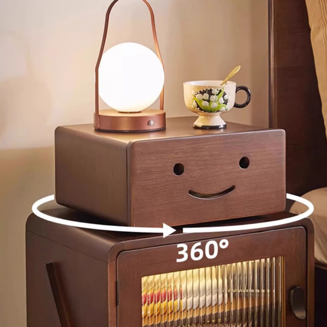 Zeitgenössischer kreativer Nachttisch aus massivem Holz und Glas in runder Roboterform mit 2 Aufbewahrungsmöglichkeiten für Schlafzimmer und Wohnzimmer 