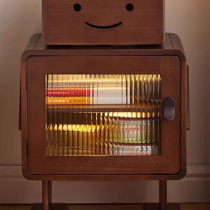 Zeitgenössischer kreativer Nachttisch aus massivem Holz und Glas in runder Roboterform mit 2 Aufbewahrungsmöglichkeiten für Schlafzimmer und Wohnzimmer 