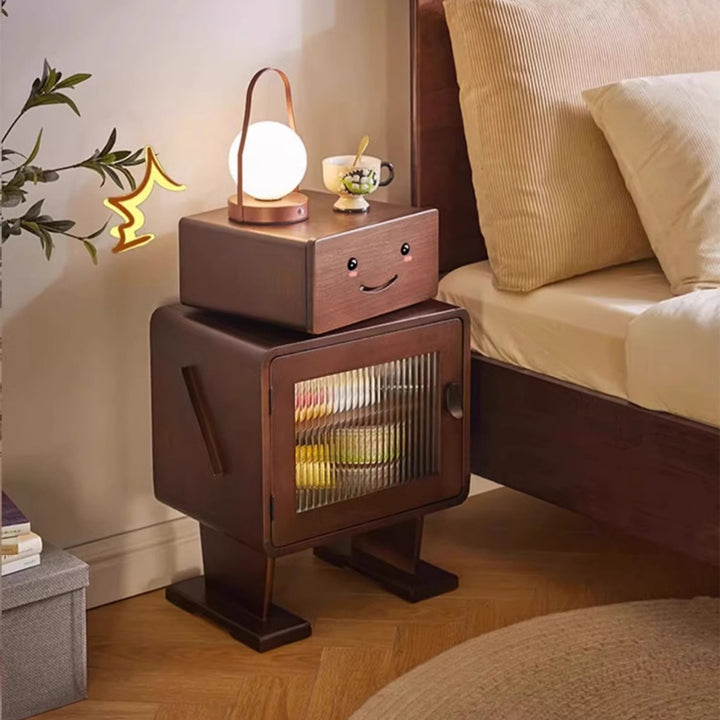 Table de chevet contemporaine en bois massif avec verre arrondi en forme de robot avec 2 rangements pour chambre et salon 