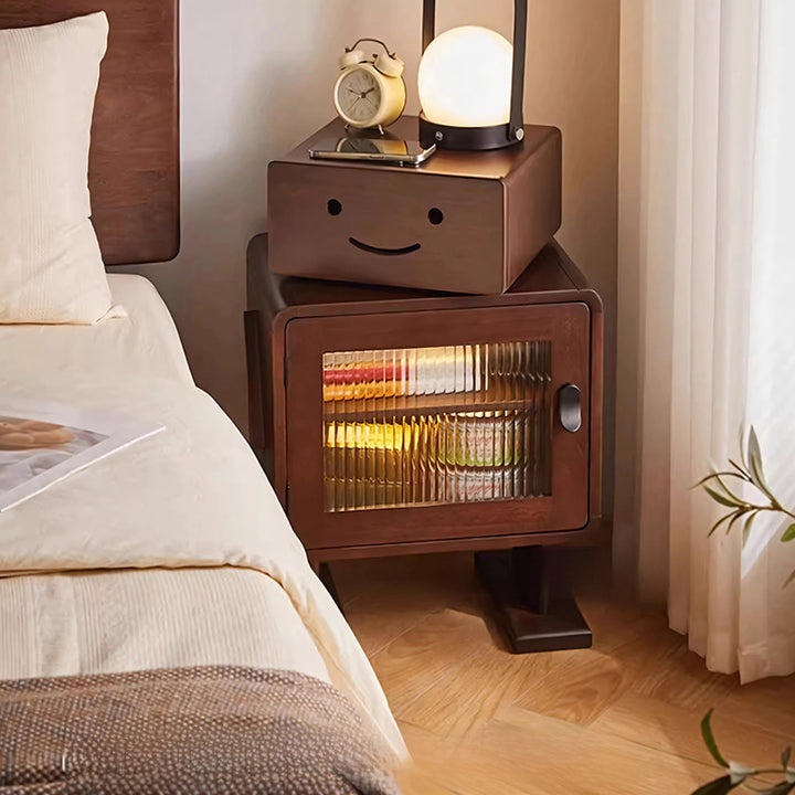 Table de chevet contemporaine en bois massif avec verre arrondi en forme de robot avec 2 rangements pour chambre et salon 