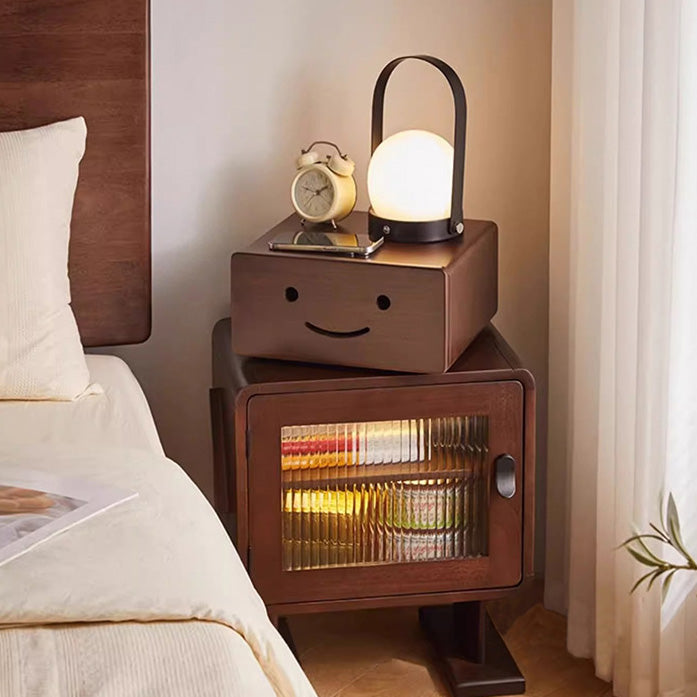 Table de chevet contemporaine en bois massif avec verre arrondi en forme de robot avec 2 rangements pour chambre et salon 