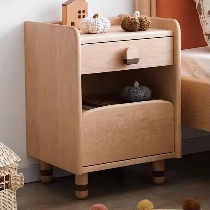 Table de chevet rectangulaire arrondi en bois de cerisier scandinave contemporain avec 2 niveaux pour chambre 