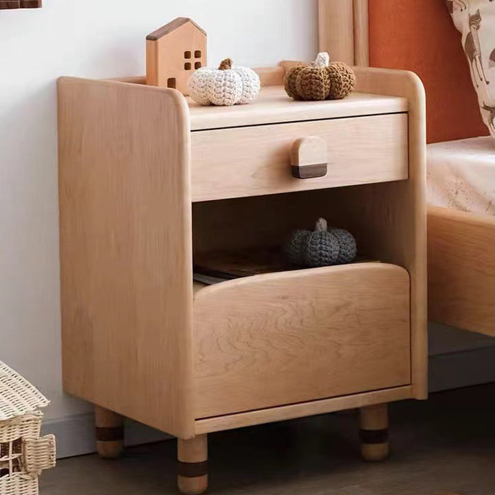 Table de chevet rectangulaire arrondi en bois de cerisier scandinave contemporain avec 2 niveaux pour chambre 