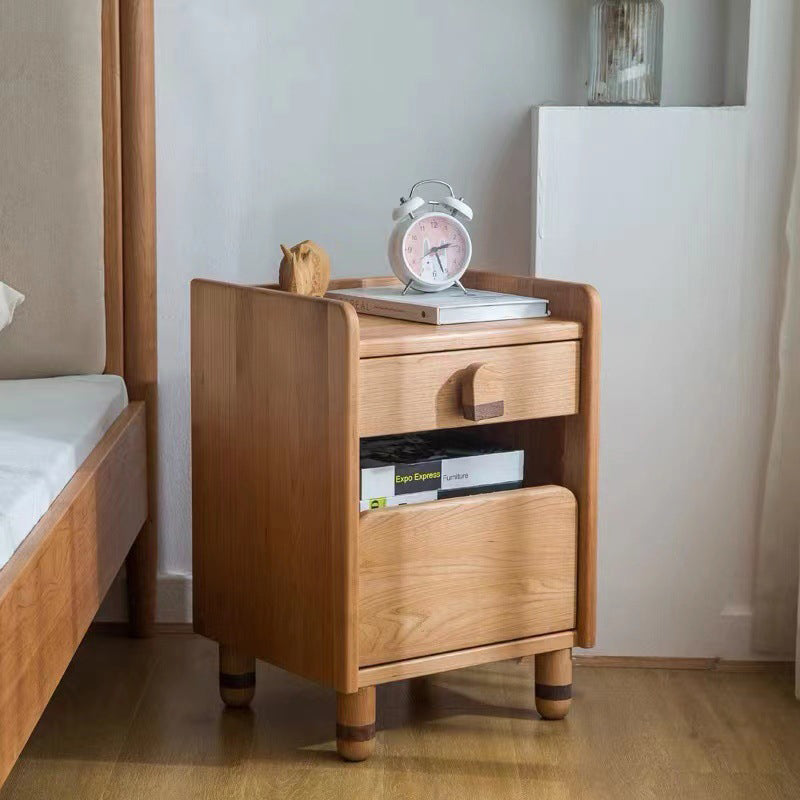 Table de chevet rectangulaire arrondi en bois de cerisier scandinave contemporain avec 2 niveaux pour chambre 