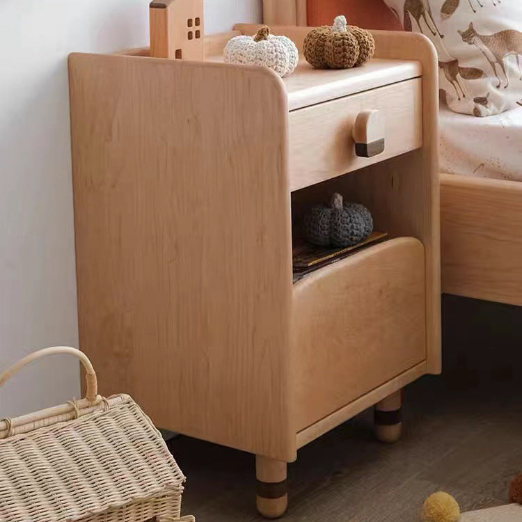 Table de chevet rectangulaire arrondi en bois de cerisier scandinave contemporain avec 2 niveaux pour chambre 