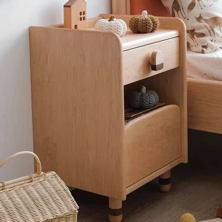 Table de chevet rectangulaire arrondi en bois de cerisier scandinave contemporain avec 2 niveaux pour chambre 