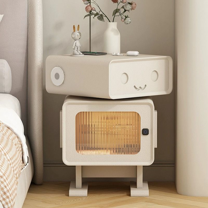 Zeitgenössischer kreativer Leder-Holz-Glas abgerundeter Roboter-Beistelltisch mit 1 Schublade für das Wohnzimmer 