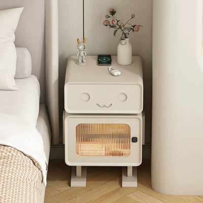 Zeitgenössischer kreativer Leder-Holz-Glas abgerundeter Roboter-Beistelltisch mit 1 Schublade für das Wohnzimmer 