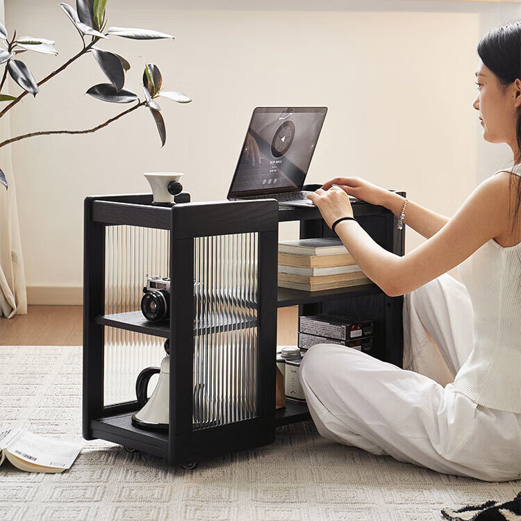Moderner minimalistischer rechteckiger Beistelltisch aus Massivholz und Glas mit 3 Ebenen für das Wohnzimmer 