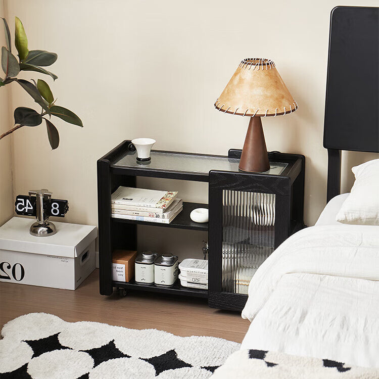 Moderner minimalistischer rechteckiger Beistelltisch aus Massivholz und Glas mit 3 Ebenen für das Wohnzimmer 
