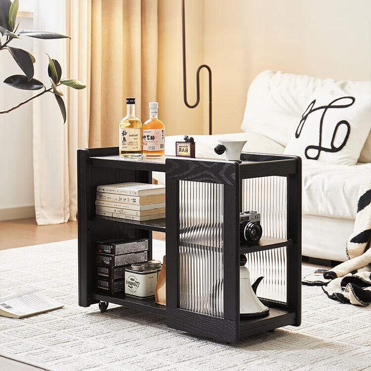 Moderner minimalistischer rechteckiger Beistelltisch aus Massivholz und Glas mit 3 Ebenen für das Wohnzimmer 