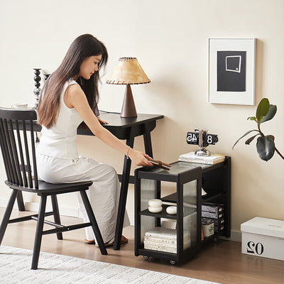 Moderner minimalistischer rechteckiger Beistelltisch aus Massivholz und Glas mit 3 Ebenen für das Wohnzimmer 
