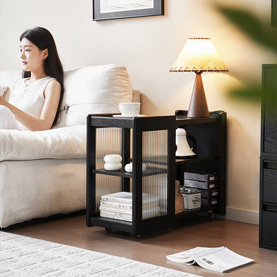 Moderner minimalistischer rechteckiger Beistelltisch aus Massivholz und Glas mit 3 Ebenen für das Wohnzimmer 