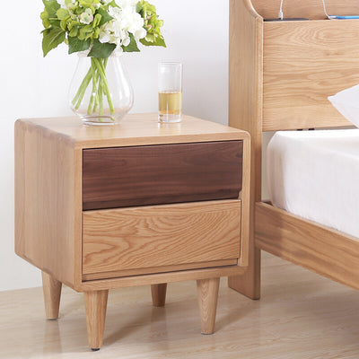 Traditional Japanese Solid Wood Rounded Square Conical Nightstand With 2 Drawers For Bedroom