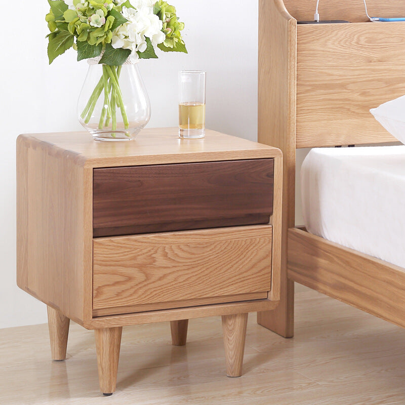 Traditional Japanese Solid Wood Rounded Square Conical Nightstand With 2 Drawers For Bedroom