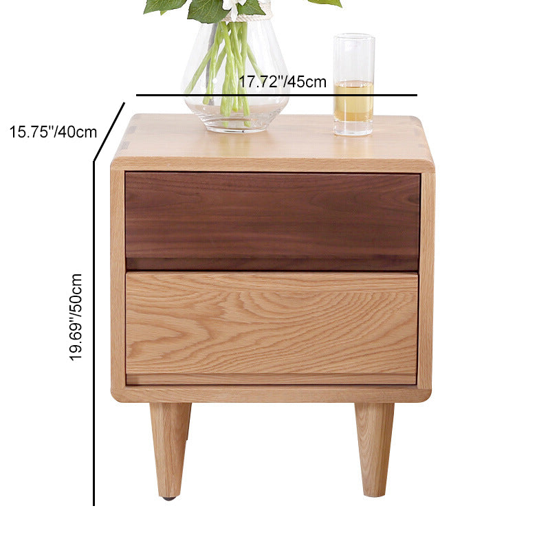 Traditional Japanese Solid Wood Rounded Square Conical Nightstand With 2 Drawers For Bedroom