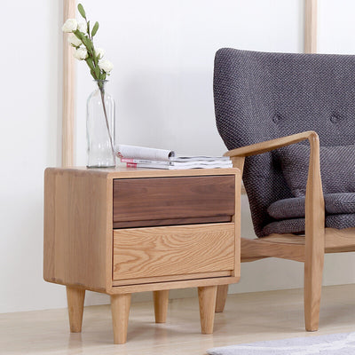 Traditional Japanese Solid Wood Rounded Square Conical Nightstand With 2 Drawers For Bedroom