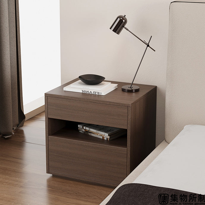 Modern Minimalist Solid Wood Square Nightstand With 2 Drawers For Bedroom