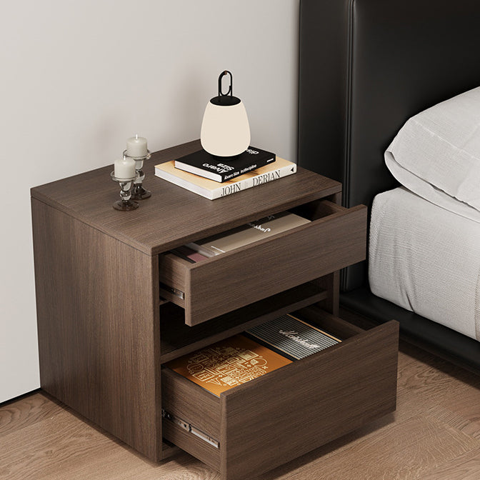 Modern Minimalist Solid Wood Square Nightstand With 2 Drawers For Bedroom