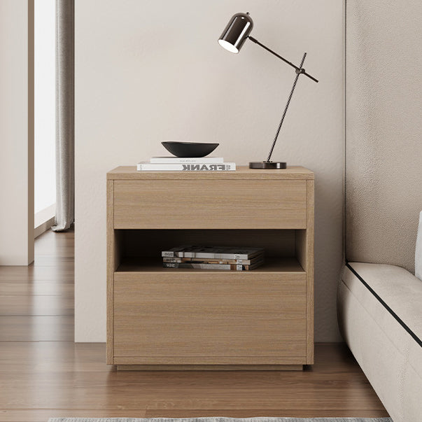 Modern Minimalist Solid Wood Square Nightstand With 2 Drawers For Bedroom