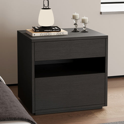 Modern Minimalist Solid Wood Square Nightstand With 2 Drawers For Bedroom