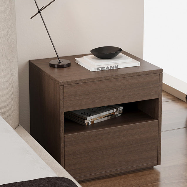 Modern Minimalist Solid Wood Square Nightstand With 2 Drawers For Bedroom