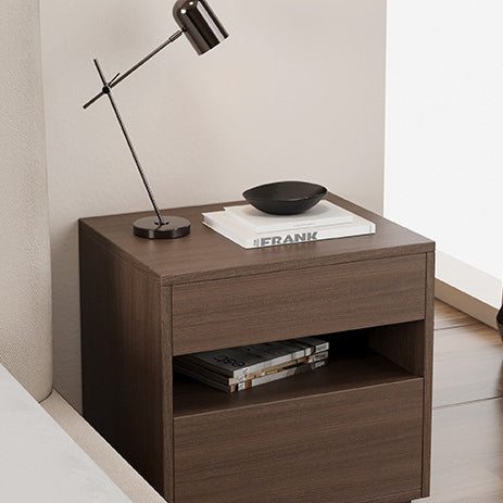 Modern Minimalist Solid Wood Square Nightstand With 2 Drawers For Bedroom