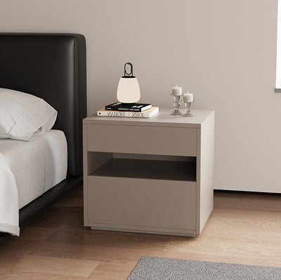 Modern Minimalist Solid Wood Square Nightstand With 2 Drawers For Bedroom