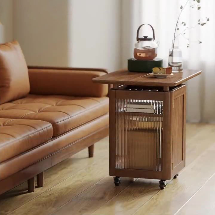 Zeitgenössischer skandinavischer Beistelltisch aus massivem Holz und Glas mit 1 Ablage für das Wohnzimmer 