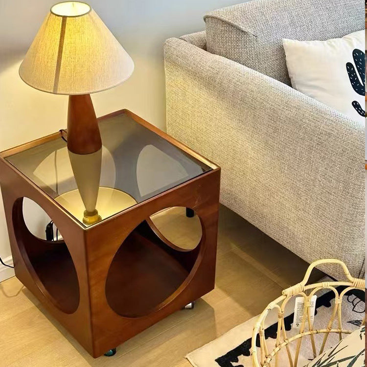 Traditional Vintage Solid Wood Glass Square Hollow End Table With 2-Tier Storage For Living Room