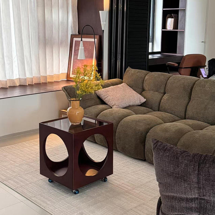 Traditional Vintage Solid Wood Glass Square Hollow End Table With 2-Tier Storage For Living Room