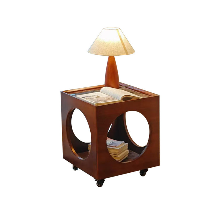 Traditional Vintage Solid Wood Glass Square Hollow End Table With 2-Tier Storage For Living Room