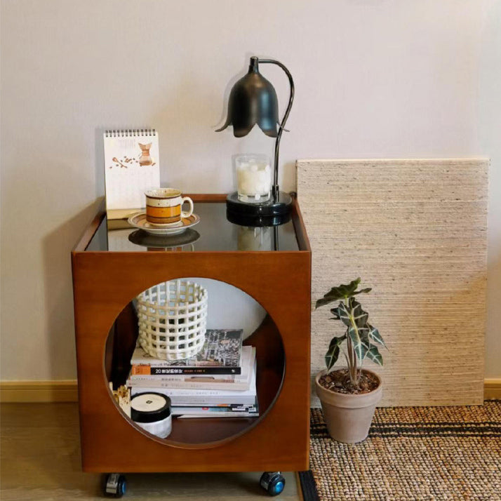Traditional Vintage Solid Wood Glass Square Hollow End Table With 2-Tier Storage For Living Room