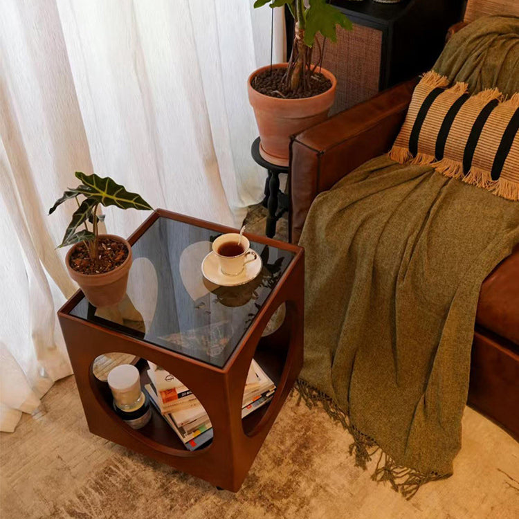 Traditional Vintage Solid Wood Glass Square Hollow End Table With 2-Tier Storage For Living Room