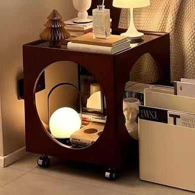 Traditional Vintage Solid Wood Glass Square Hollow End Table With 2-Tier Storage For Living Room