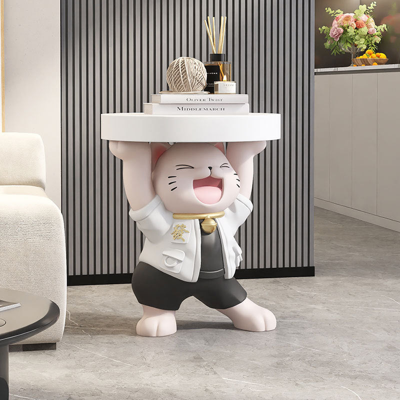 モダンアールデコ樹脂製招き猫彫刻エンドテーブル 1段付き リビングルーム用 