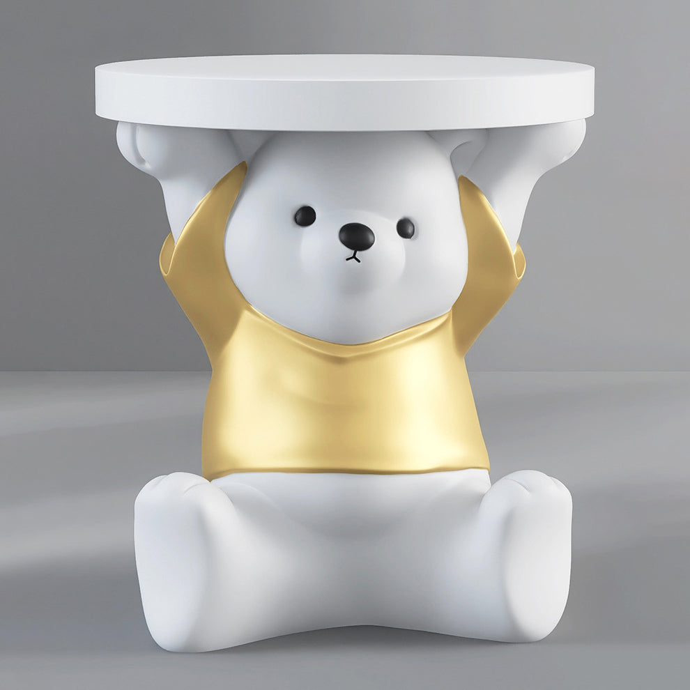 Modern Art Deco Resin Fiberglass Bear-Shaped Round End Table 1-Tier For Living Room