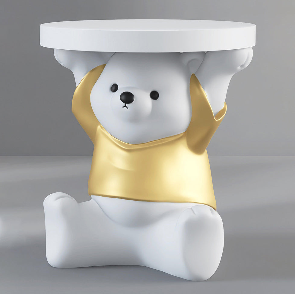 Modern Art Deco Resin Fiberglass Bear-Shaped Round End Table 1-Tier For Living Room